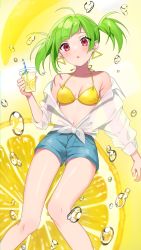 Rule 34 | 1girl, absurdres, asymmetrical bangs, bad id, bad pixiv id, bare shoulders, bikini, bikini top only, breasts, bubble, cleavage, collarbone, cup, delutaya, denim, denim shorts, drinking straw, food, front-tie top, fruit, green hair, hatsuno xxx, highres, holding, holding cup, indie virtual youtuber, lemon, navel, off shoulder, parted lips, red eyes, see-through, shirt, short hair, shorts, small breasts, solo, string bikini, swimsuit, thighs, tied shirt, twintails, virtual youtuber, white shirt, yellow bikini