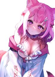 Rule 34 | 1girl, animal ear fluff, animal ears, antenna hair, arm belt, armpit crease, bare shoulders, belly, belt, bikini, black belt, blurry, blush, braid, breasts, choker, cleavage, coat, commentary, extra ears, eyelashes, frilled bikini, frilled choker, frills, hair ornament, hair ribbon, hakui koyori, hakui koyori (summer), highres, hololive, lab coat, large breasts, leaning forward, long sleeves, looking at viewer, medium hair, navel, o-ring, o-ring bikini, o-ring top, open clothes, open coat, pink choker, pink eyes, pink hair, red ribbon, ribbon, sechi (stst1850), simple background, solo, stomach, swimsuit, tail, tears, thigh gap, thighs, two-tone choker, virtual youtuber, white background, white bikini, white choker, white coat, wolf ears, wolf girl, wolf tail