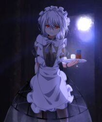 Rule 34 | 1boy, accelerator (toaru majutsu no index), albino, ambiguous gender, apron, arm behind back, bare legs, black bracelet, black choker, black dress, blurry, blurry background, bow, choker, closed mouth, commentary request, cowboy shot, crossdressing, cup, dark, doorway, dress, frilled apron, frilled hairband, frills, frown, hairband, holding, holding tray, hoop skirt, indoors, juice box, lights, maid, maid apron, maid headdress, maisuiren, pale skin, puffy short sleeves, puffy sleeves, red eyes, see-through, see-through dress, see-through sleeves, short hair, short sleeves, standing, toaru majutsu no index, tray, waist apron, white apron, white bow, white hair