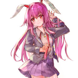 Rule 34 | 1girl, animal ears, black jacket, blazer, blush, closed mouth, collared shirt, cowboy shot, hair between eyes, highres, ikazuchi akira, jacket, long hair, long sleeves, necktie, open clothes, open jacket, pink hair, pink skirt, pleated skirt, rabbit ears, red eyes, red necktie, reisen udongein inaba, shirt, simple background, skirt, smile, solo, touhou, white background, white shirt