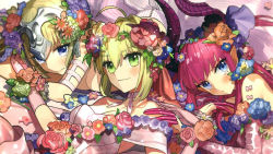 Rule 34 | 3girls, alternate costume, asymmetrical horns, blonde hair, blue eyes, blush, breasts, cropped, dress, elizabeth bathory (fate), elizabeth bathory (fate/extra ccc), fate/extella, fate/extra, fate (series), flower, green eyes, horns, jeanne d&#039;arc (fate), jeanne d&#039;arc (ruler) (fate), large breasts, looking at viewer, looking up, lying, multiple girls, nero claudius (fate), nero claudius (fate) (all), nero claudius (fate/extra), official art, on back, pink hair, pointy ears, rose, scan, smile, uneven horns, wada arco