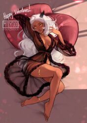 Rule 34 | 1girl, anklet, artist logo, barefoot, black horns, black nightgown, breasts, brown lips, cloudbae (madyaxx), commentary, dark-skinned female, dark skin, english commentary, facial mark, forehead mark, full body, highres, horns, jewelry, legs together, light smile, long hair, looking at viewer, lying, madyaxx, medium breasts, nightgown, no bra, no panties, on back, on bed, original, parted hair, pillow, plunging neckline, see-through, solo, thighlet, toes, twitter username, very long hair, watermark, yellow eyes
