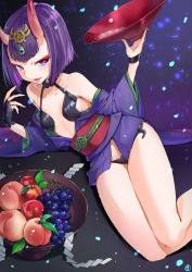 Rule 34 | 1girl, absurdres, alcohol, apple, bob cut, breasts, collarbone, commentary request, cup, fate/grand order, fate (series), food, fruit, grapes, hieung, highres, horns, japanese clothes, kimono, medium breasts, obi, oni, open mouth, peach, purple eyes, purple hair, purple kimono, sakazuki, sake, sash, short hair, shuten douji (fate), skin-covered horns, smile, solo, thick eyebrows, thighs