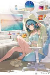 Rule 34 | 1girl, aqua hair, armpits, bare legs, barefoot, candy, chair, clock, collarbone, copyright, copyright name, crop top, eyelashes, feet, flower, food, foot out of frame, gaming chair, grey jacket, grey shorts, hand up, head tilt, highres, hood, hood up, hooded jacket, indoors, jacket, jewelry, keyboard (computer), knee up, lace trim, legs, lingerie, long sleeves, looking at viewer, medium hair, midriff, monitor, mouse (computer), multicolored hair, nail polish, navel, necklace, on chair, open clothes, open jacket, orange nails, parted bangs, sample watermark, shelf, shiranami ramune, shoes, shoes removed, shorts, sitting, slippers, solo, streaked hair, swivel chair, thighs, toenail polish, toenails, toes, underwear, virtual youtuber, vspo!, yuu (higashi no penguin)