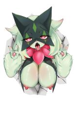 Rule 34 | 1girl, ahegao, animal ears, breasts, cat girl, claws, creatures (company), double v, fang, fangs, furry, furry female, game freak, green fur, heart, heart-shaped pupils, highres, large breasts, meowscarada, nintendo, nipples, open mouth, pingqiong xiansheng, pink eyes, pokemon, saliva, solo, symbol-shaped pupils, tongue, tongue out, v