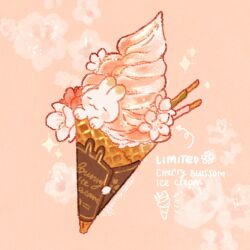 Rule 34 | arrow (symbol), blush stickers, cherry blossoms, closed eyes, closed mouth, commentary, english commentary, english text, floral background, flower, food, food focus, ice cream, ice cream cone, light particles, nao (bestrollever), no humans, original, pink background, pink flower, pocket, rabbit, simple background, smile, sparkle