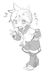 Rule 34 | 1boy, anger vein, angry, arm warmers, bass clef, belt, chibi, commentary, fang, full body, greyscale, hand on own hip, kagamine len, leg warmers, male focus, monochrome, necktie, open mouth, pointing, sailor collar, school uniform, short ponytail, short sleeves, shorts, sketch, solo, spiked hair, sudachi (calendar), sweat, translated, v-shaped eyebrows, vocaloid