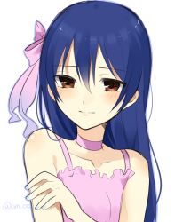 Rule 34 | 10s, 1girl, bad id, bad pixiv id, bare shoulders, blue hair, blush, bow, chisumi, choker, collarbone, dress, embarrassed, female focus, frown, hair between eyes, hair bow, long hair, looking at viewer, love live!, love live! school idol project, pink bow, pink dress, simple background, sleeveless, sleeveless dress, solo, sonoda umi, spaghetti strap, twitter username, white background