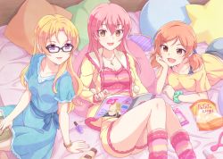 Rule 34 | 3girls, :d, bag of chips, black-framed eyewear, blonde hair, blouse, blue dress, blush, breasts, brown eyes, brown hair, character request, collarbone, dress, e20, feet out of frame, glasses, green scrunchie, hair between eyes, idolmaster, idolmaster cinderella girls, jacket, jougasaki mika, kiryu tsukasa (idolmaster), long hair, low twintails, magazine (object), multiple girls, off-shoulder shirt, off shoulder, on bed, open clothes, open jacket, open mouth, pillow, pink hair, purple eyes, scrunchie, shirt, short shorts, short sleeves, shorts, small breasts, smile, socks, star-shaped pillow, striped clothes, striped legwear, striped socks, twintails, wrist scrunchie, yellow jacket, yellow shirt, yellow shorts