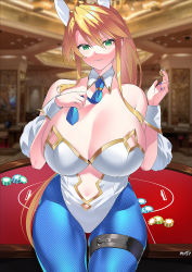 Rule 34 | 1girl, ahoge, animal ears, artoria pendragon (all), artoria pendragon (fate), artoria pendragon (swimsuit ruler) (fate), bare shoulders, blonde hair, blue pantyhose, braid, breasts, cleavage, clothing cutout, detached collar, fate/grand order, fate (series), feather boa, fishnet pantyhose, fishnets, french braid, green eyes, hair between eyes, highleg, highleg leotard, highres, kurozawa yui, large breasts, leotard, long hair, looking at viewer, nail polish, navel, navel cutout, necktie, pantyhose, playboy bunny, poker chip, poker table, ponytail, rabbit ears, sidelocks, smile, solo, table, thighs, tiara, white leotard, wrist cuffs