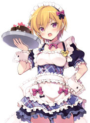 Rule 34 | 1girl, absurdres, alternate costume, apron, back bow, black dress, blonde hair, blush, bow, bowtie, chocolate, commentary, dress, enmaided, frilled cuffs, frilled dress, frilled sleeves, frills, frown, hand on own hip, heart, highres, holding, holding tray, idolmaster, idolmaster shiny colors, large bow, looking at viewer, maid, maid apron, maid headdress, name tag, odawara hakone, open mouth, puffy short sleeves, puffy sleeves, purple eyes, saijo juri, short dress, short hair, short sleeves, solo, standing, sweatdrop, tray