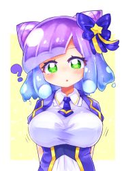 Rule 34 | 1girl, ?, arms behind back, blue bow, blue hair, blue necktie, blush, bow, breasts, collared shirt, facing viewer, green eyes, hair bow, highres, large breasts, looking at viewer, monster girl, multicolored hair, necktie, open mouth, puniru (puniru wa kawaii slime), puniru wa kawaii slime, purple hair, shirt, simple background, slime girl, solo, ushiro (nkinoko), white shirt