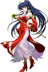Rule 34 | 1girl, :d, aged down, armlet, blue eyes, blue hair, blush, collarbone, detached sleeves, dress, floating hair, full body, hair ornament, high heels, high ponytail, highres, holding, holding staff, jessica (langrisser), langrisser, layered dress, long dress, long hair, long sleeves, official art, open mouth, red dress, red footwear, red sleeves, see-through, sleeveless, sleeveless dress, smile, solo, staff, standing, transparent background, turtleneck, very long hair