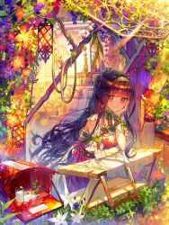 Rule 34 | 1girl, berry, black hair, book, brown hair, commentary request, cup, day, dress, envelope, flower, glass, hand on own face, hayanse, highres, lantern, leaning forward, long hair, looking at viewer, milk, open book, orange flower, original, solo, sunlight, sunset, very long hair, white dress, white flower