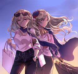 Rule 34 | 2girls, bag, blonde hair, blue scarf, braid, breasts, character request, closed mouth, denim, eyewear on head, hair ornament, hand in pocket, hat, historical name connection, holding, holding bag, holding own arm, jeans, kantai collection, long hair, looking away, multiple girls, name connection, pants, purple eyes, richelieu (kancolle), scarf, shirt, shopping bag, skirt, warship girls r, watch, white shirt, yuemanhuaikong