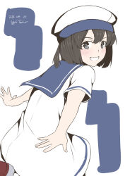 Rule 34 | 1girl, black eyes, black hair, blue sailor collar, bob cut, daitou (kancolle), dress, grin, hat, high ponytail, highres, kantai collection, looking at viewer, looking back, one-hour drawing challenge, outstretched arms, sailor collar, sailor dress, sailor hat, short hair, short sleeves, smile, solo, taira yuuki, white dress, white hat