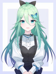 Rule 34 | 1girl, :d, alternate costume, black ribbon, black vest, butterfly hair ornament, green eyes, green hair, hair between eyes, hair down, hair ornament, hair ribbon, hairclip, highres, ieufg, kantai collection, long hair, long sleeves, looking at viewer, open mouth, parted bangs, ribbon, shirt, simple background, smile, solo, upper body, vest, white background, white shirt, yamakaze (kancolle)