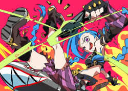 Rule 34 | 1girl, arcane: league of legends, blue hair, boots, braid, breasts, explosive, gloves, grenade, jinx (league of legends), league of legends, long hair, twin braids, twintails, very long hair, weapons