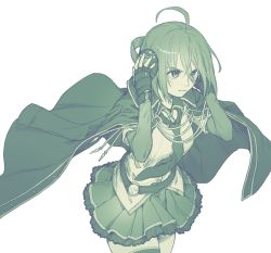 Rule 34 | 1girl, adjusting headphones, ahoge, assault lily, belt, blush, breasts, buttons, cape, closed mouth, collared shirt, commentary, cowboy shot, crossed bangs, fingerless gloves, floating cape, gloves, green theme, hair between eyes, hands up, headphones, highres, kawamura yuzuriha, layered sleeves, long sleeves, looking away, medium breasts, miniskirt, monochrome, necktie, o-ring, o-ring belt, pleated skirt, serious, shirt, short hair, short sleeves, simple background, skirt, solo, standing, thighhighs, tori udon, v-shaped eyebrows, white background