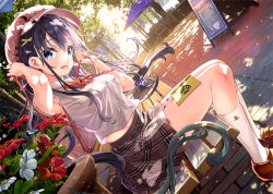 Rule 34 | 1girl, :d, armpits, backpack, bag, black hair, blue hair, breasts, cabbie hat, collared shirt, commentary request, dress shirt, dutch angle, flower, flower pot, fujima takuya, grey skirt, hair ornament, hairclip, hat, loafers, long hair, medium breasts, menu board, open mouth, original, pink hat, plaid, plaid skirt, pleated skirt, purple hair, red flower, red footwear, shirt, shoes, short sleeves, sitting, skirt, smile, socks, solo, sunlight, very long hair, white flower, white shirt, white socks