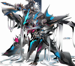 Rule 34 | 1girl, absurdres, arknights, bare shoulders, black footwear, black gloves, black legwear, character name, clothing cutout, commentary, gloves, grey hair, hat, highres, holding, holding sword, holding weapon, long hair, mecha, on mecha, on one knee, over shoulder, red eyes, robot, shadow, shinnasuka025, simple background, skadi (arknights), standing, sword, sword over shoulder, thigh cutout, very long hair, weapon, weapon over shoulder, white background