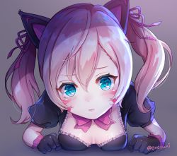 Rule 34 | 1girl, animal ears, aqua eyes, black cat d.va, black dress, black gloves, blonde hair, blush, bow, breast press, breasts, breasts apart, cat ears, clenched hands, close-up, d.va (overwatch), downblouse, dress, eneru (enepuni), facepaint, facial mark, frilled dress, frills, gloves, grey background, lolita fashion, looking at viewer, lying, medium breasts, official alternate costume, on stomach, overwatch, overwatch 1, pink bow, puffy short sleeves, puffy sleeves, short sleeves, simple background, solo, twintails, twitter username, upper body, whisker markings