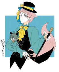 Rule 34 | 1boy, black hat, black vest, blue background, blue shirt, bow, character doll, closed mouth, ensemble stars!, hat, itsuki shu, kagehira mika, long sleeves, looking at viewer, male focus, multicolored background, pink hair, shirt, short bangs, short hair, skk, smile, solo, translation request, vest, white background, yellow bow