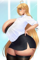 Rule 34 | ass, black thighhighs, blonde hair, blue eyes, bra, braid, breasts, bursting breasts, coffeeslice, commission, curvy, gigantic breasts, highres, huge ass, long hair, office lady, original, pencil skirt, skindentation, skirt, sweat, sweatdrop, thick thighs, thighhighs, thighs, undersized clothes, underwear, very long hair, zettai ryouiki