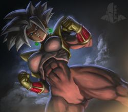 Rule 34 | 1girl, abs, absurdres, armor, ass, baby (dragon ball gt), blue eyes, bodysuit, breasts, cameltoe, cloud, cloudy sky, dragon ball, dragon ball gt, dragon ball super, earrings, elite nappa, facial mark, from below, gloves, gluteal fold, grin, highres, impossible clothes, jewelry, kefla (dragon ball), looking down, medium breasts, muscular, muscular arms, muscular female, muscular legs, night, no pupils, pov, shoulder pads, skin tight, sky, smile, star (sky), thick thighs, thighs, vest, white hair