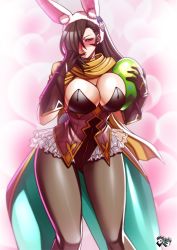 Rule 34 | 1girl, abstract background, alternate costume, animal ears, black hair, blush, breasts, brown eyes, bursting breasts, cleavage, easter egg, egg, fake animal ears, finger to mouth, fire emblem, fire emblem fates, fire emblem heroes, gloves, jadenkaiba, kagero (fire emblem), large breasts, long hair, looking at viewer, nintendo, pantyhose, playboy bunny, rabbit ears, scarf, solo, thigh gap, thighs