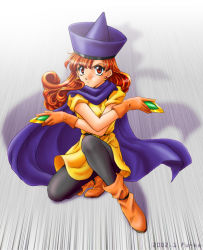Rule 34 | 00s, 1girl, 2002, alena (dq4), black pantyhose, boots, cape, chunsoft, dated, dragon quest, dragon quest iv, earrings, enix, fu-ka, gloves, hat, jewelry, leggings, pantyhose, red eyes, red hair, skirt, yellow skirt