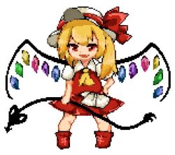 Rule 34 | 1girl, ascot, bad id, bad pixiv id, blonde hair, chibi, collared shirt, doryata, fang, flandre scarlet, full body, hat, hat ribbon, holding, holding polearm, holding weapon, laevatein (touhou), looking at viewer, medium hair, mob cap, multicolored wings, one side up, open mouth, pixel art, polearm, puffy short sleeves, puffy sleeves, red eyes, red footwear, red ribbon, red skirt, red vest, ribbon, shirt, short sleeves, simple background, skin fang, skirt, solo, touhou, vest, weapon, white background, white headwear, wings, yellow ascot
