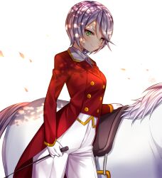 Rule 34 | 1girl, animal, buttons, closed mouth, coat, cowboy shot, double-breasted, gambe, gloves, green eyes, grey hair, hair between eyes, horse, long sleeves, looking at viewer, pants, pretty series, pripara, red coat, saddle, shikyoin hibiki, short hair, smile, solo, standing, third-party source, tree shade, white background, white gloves, white pants