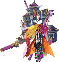 Rule 34 | 1girl, :d, alternate costume, architecture, arrow (projectile), black hair, blunt bangs, castle, east asian architecture, full body, hair ornament, hairband, highres, holding, holding arrow, japanese clothes, kimono, kumamoto castle (oshiro project), looking at viewer, official art, open mouth, oshiro project:re, oshiro project:re, purple eyes, shachihoko, smile, solo, transparent background, wide sleeves, zounose