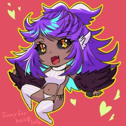 Rule 34 | 1girl, animal ears, bare shoulders, bird ears, black feathers, black sclera, black wings, chibi, colored sclera, commentary, commission, dark-skinned female, dark skin, english commentary, english text, fang, feathers, harpy, heart, highres, long hair, meme attire, monster girl, open mouth, original, panties, purple hair, red background, revealing clothes, single handcuff, siromisouemon, skeb commission, skin fang, solo, sweater, turtleneck, turtleneck sweater, underwear, virgin destroyer sweater, white panties, winged arms, wings, yellow eyes
