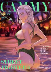 Rule 34 | 1girl, alternate costume, ass, back, blonde hair, breasts, cammy white, character name, copyright name, cover, fake magazine cover, from behind, green eyes, highres, lips, looking at viewer, looking back, magazine cover, medium breasts, partially submerged, phamoz, scar, scar on face, short hair, sideboob, solo, street fighter, street fighter 6, swimsuit, wet