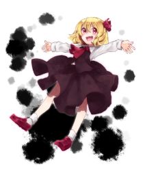 Rule 34 | &gt;:d, 1girl, :d, blonde hair, darkness, fang, hair ribbon, hikage, open mouth, outstretched arms, red eyes, ribbon, rumia, shirt, short hair, skirt, smile, solo, spread arms, touhou, v-shaped eyebrows, vest