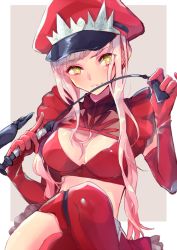 Rule 34 | 1girl, bad id, bad pixiv id, blunt bangs, breasts, elbow gloves, fate/grand order, fate (series), gloves, hat, holding, holding riding crop, holding whip, ken otogi, long hair, looking at viewer, medb (alluring chief warden look) (fate), medb (fate), medium breasts, military, military uniform, navel, peaked cap, pink hair, riding crop, smile, solo, uniform, whip, yellow eyes