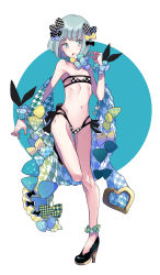 Rule 34 | 1girl, :o, bare shoulders, bikini, black bow, black footwear, blue background, blue bow, blue eyes, blue hair, blue scrunchie, bow, collarbone, commentary request, eyebrows hidden by hair, flat chest, full body, groin, hair bow, hand up, high heels, highres, kayanogura, looking at viewer, navel, open mouth, original, plaid, plaid bow, polka dot, polka dot bow, print scrunchie, ribs, scrunchie, shoes, solo, standing, standing on one leg, star (symbol), star print, swimsuit, two-tone background, white background, wrist scrunchie, yellow bow