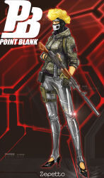 Rule 34 | 1girl, absurdres, assault rifle, baklava, belt pouch, black eyes, blonde hair, camouflage, camouflage jacket, full body, gloves, gun, high heels, highres, holding, holding gun, holding weapon, jacket, jason j. lee, original, point blank (game), pouch, rifle, skull print, sleeves rolled up, solo, suppressor, thigh pouch, weapon