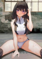 Rule 34 | 1girl, arm up, bare shoulders, black hair, blush, breasts, brown hair, buruma, collarbone, dripping, hand on floor, hand up, highres, inoue takina, long hair, looking at viewer, lycoris recoil, medium breasts, midriff, navel, on floor, open mouth, purple hair, revision, sitting, solar (happymonk), solo, split, sports bra, sportswear, spread legs, stomach, sweat, thighs, two-tone sports bra, underwear, wet, wet hair