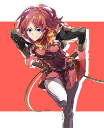 Rule 34 | 10s, 1girl, belt, blue eyes, breasts, hair ornament, jacket, pants, red background, red hair, rose (tales), scarf, short hair, simple background, smile, tales of (series), tales of zestiria, weapon