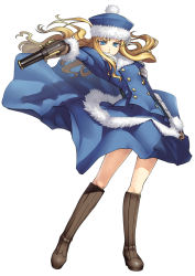Rule 34 | 1girl, aiming, arm at side, armor, atlus, blonde hair, blue eyes, blue hat, blue skirt, boots, brown gloves, buttons, clothes lift, double-breasted, etrian odyssey, floating hair, full body, fur trim, gloves, gun, gunner (sekaiju), handgun, hat, legs apart, long hair, long sleeves, looking at viewer, outstretched arm, pom pom (clothes), simple background, skirt, skirt lift, skirt set, solo, standing, tanaka shoutarou, weapon, white background