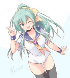 Rule 34 | 1girl, alternate costume, alternate hairstyle, aqua eyes, aqua hair, black thighhighs, blue sailor collar, breasts, casual one-piece swimsuit, cleavage, commentary request, hair ribbon, heart, highres, index finger raised, kantai collection, long hair, medium breasts, neckerchief, one-hour drawing challenge, one-piece swimsuit, one eye closed, ponytail, ribbon, sailor collar, shizuna kaede, smile, solo, suzuya (kancolle), swimsuit, thighhighs, white one-piece swimsuit, wrist cuffs, yellow neckerchief