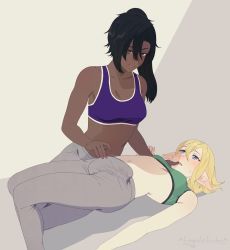 Rule 34 | 2girls, black hair, blonde hair, blue eyes, blush, breasts, brown eyes, bulge, commentary, commission, dark-skinned female, dark skin, elf, english commentary, erection, erection under clothes, freckles, futa with female, futanari, hair between eyes, highres, lying, midriff, multiple girls, navel, on back, open mouth, original, pants, pointy ears, ponytail, roarke (lavenderincubus), simple background, sitting, small breasts, sports bra, sweat, tongue, white background, yoga pants