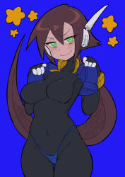 Rule 34 | 1girl, absurdres, aile (mega man zx), bikini, bikini bottom only, black bodysuit, blue background, blue bikini, blue jacket, blush, bodysuit, bodysuit under clothes, breasts, brown hair, buzzlyears, clothes lift, commentary, covered collarbone, covered navel, cropped jacket, glowing, green eyes, hand on own hip, highleg, highleg swimsuit, highres, jacket, jacket lift, large breasts, long hair, looking at viewer, mega man (series), mega man zx, mega man zx advent, open clothes, open jacket, ponytail, robot ears, simple background, solo, star (symbol), sweat, swimsuit