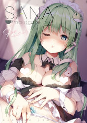 Rule 34 | 1girl, ;o, alternate costume, bare shoulders, black bow, black bowtie, blue eyes, blush, bow, bowtie, breasts, censored, censored nipples, commentary request, cover, detached collar, enmaided, frog hair ornament, green hair, hair ornament, hair tubes, heart, heart censor, indoors, kochiya sanae, long hair, looking at viewer, maid, maid headdress, medium breasts, miyase mahiro, off shoulder, one eye closed, panties, parted lips, snake hair ornament, solo, touhou, underwear, upper body, white panties, wrist cuffs