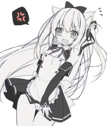 Rule 34 | 1girl, anger vein, animal ear fluff, animal ears, annoyed, azur lane, blush, bow, cat ears, commentary request, detached sleeves, dress, dress tug, greyscale, hair bow, kisaragi (azur lane), long hair, maid, monochrome, open mouth, panties, purinpurin, ribbon, short dress, shouting, side ponytail, simple background, sketch, solo, spoken anger vein, thigh gap, underwear, very long hair, white background, wind, wind lift