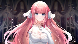Rule 34 | 1girl, blue eyes, blunt bangs, blurry, blurry background, blush, breasts, cleavage, closed mouth, collarbone, elbow gloves, floating hair, frilled gloves, frills, gloves, go-toubun no hanayome, gou lianlian dogface, highres, jewelry, large breasts, long hair, looking at viewer, nakano nino, necklace, pink hair, ring, smile, solo, upper body, very long hair, wedding ring, white gloves