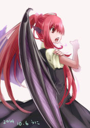 Rule 34 | &gt;:o, 1girl, :o, alternate hairstyle, bat wings, cowboy shot, dated, dress shirt, fangs, head wings, highres, koakuma, long hair, long sleeves, namauni, open mouth, ponytail, profile, red eyes, red hair, shirt, simple background, sketch, sleeves pushed up, solo, touhou, v-shaped eyebrows, vest, white background, white shirt, wings